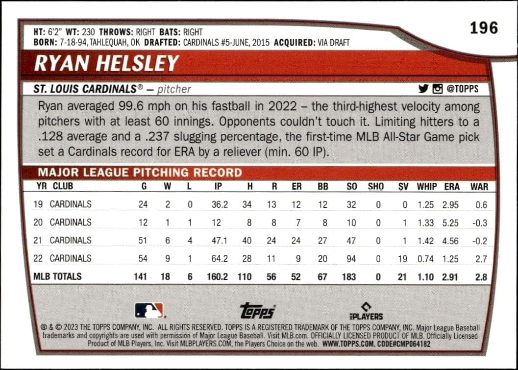 2023 Topps Big League Ryan Helsley #196 baseball trading card back