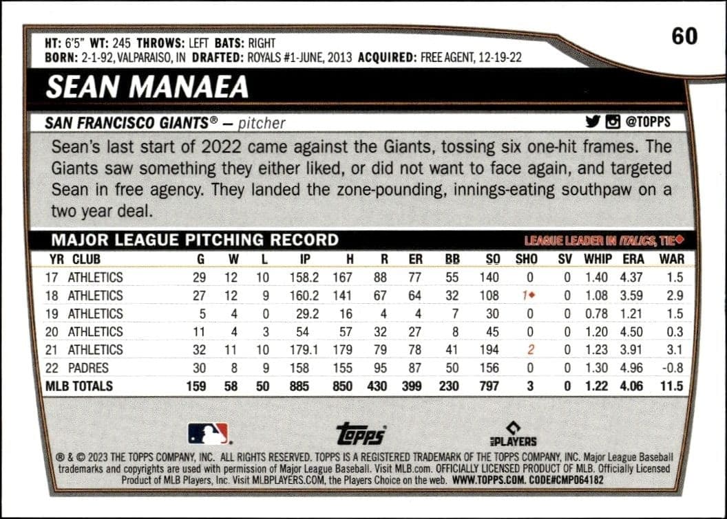 2023 Topps Big League Sean Manaea #60 baseball trading card back