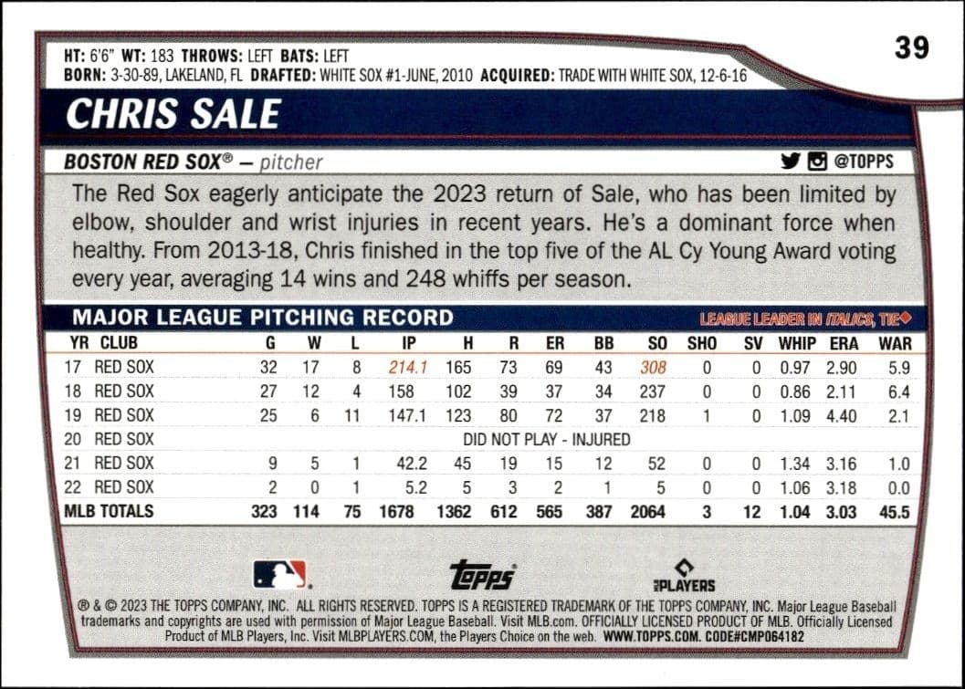 2023 Topps Big League Chris Sale #39 baseball trading card back