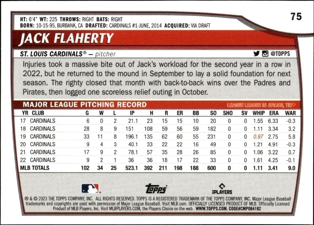 2023 Topps Big League Jack Flaherty #75 baseball trading card back