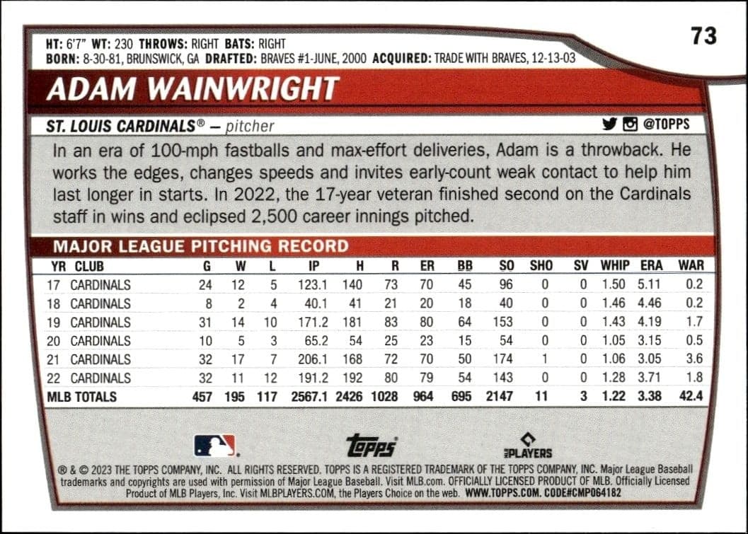 2023 Topps Big League Adam Wainwright #73 baseball trading card back