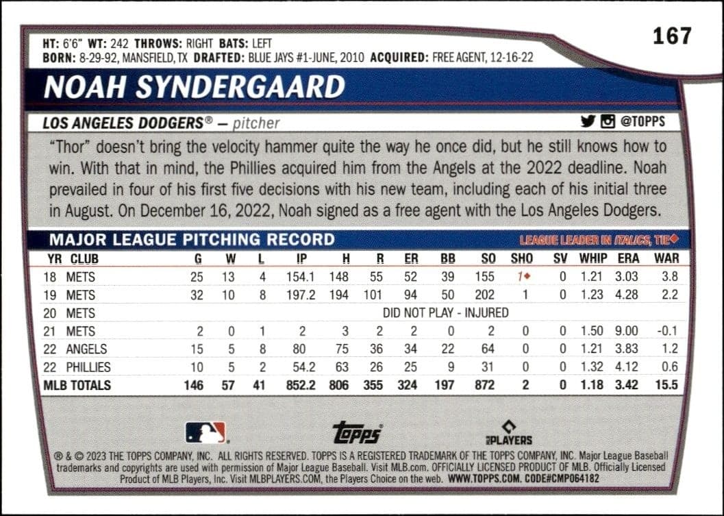2023 Topps Big League Noah Syndergaard #167 baseball trading card back