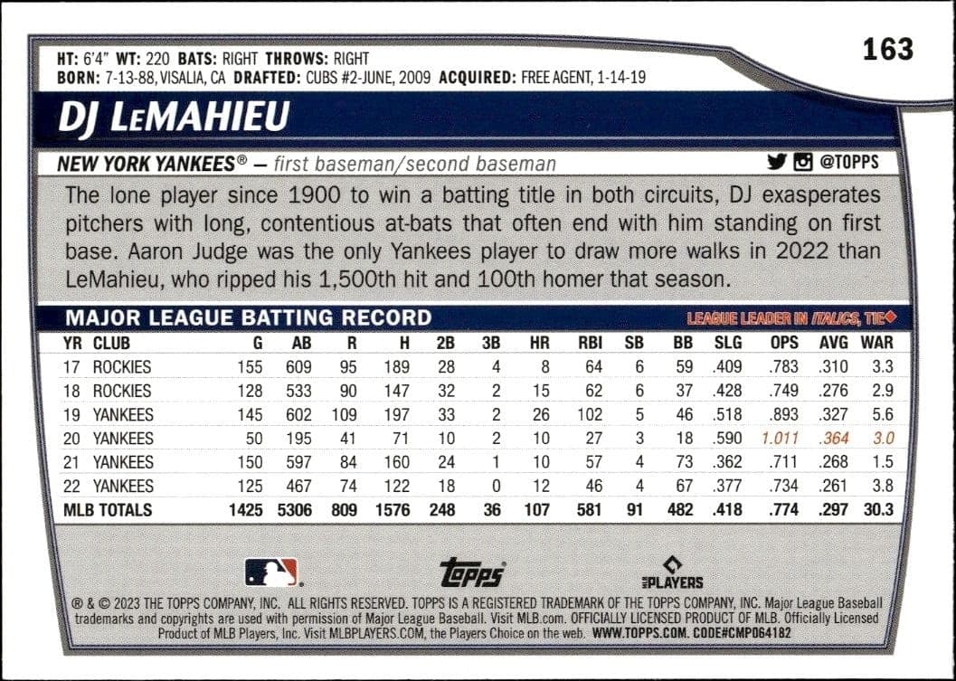 2023 Topps Big League DJ LeMahieu #163 baseball trading card back