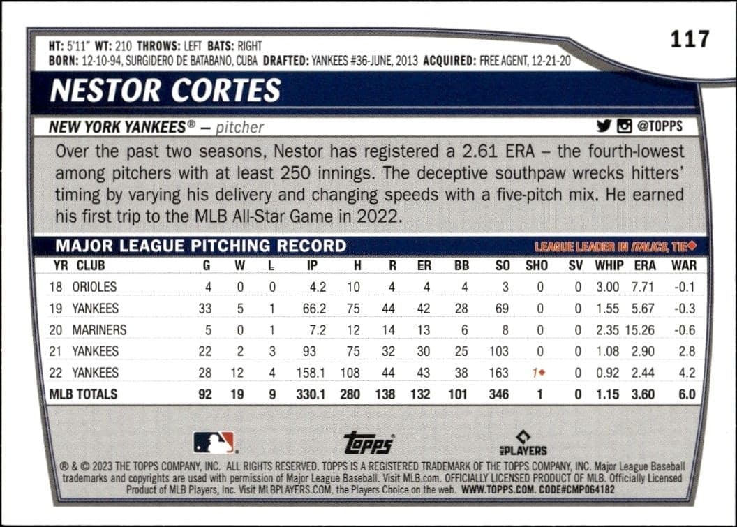 2023 Topps Big League Nestor Cortes #117 baseball trading card back