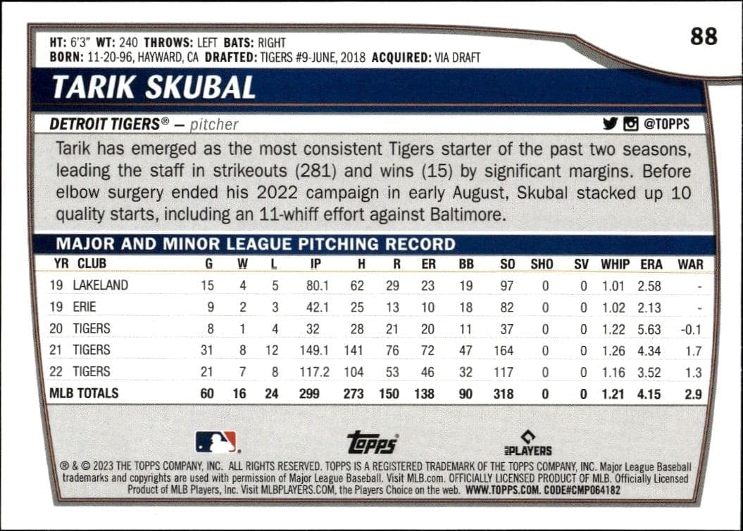 2023 Topps Big League Tarik Skubal #88 baseball trading card back