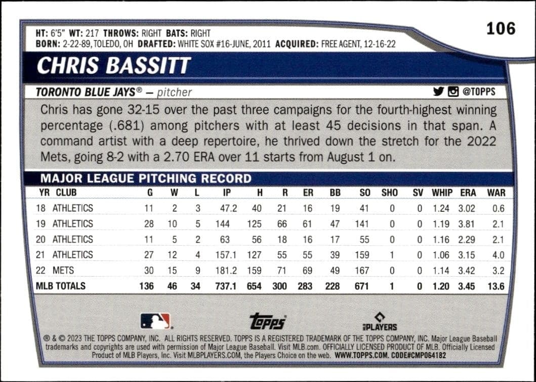 2023 Topps Big League Chris Bassitt #106 baseball trading card back
