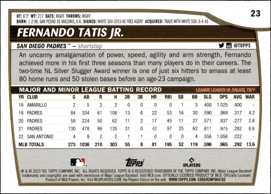 2023 Topps Big League Fernando Tatis Jr. #23 baseball trading card back