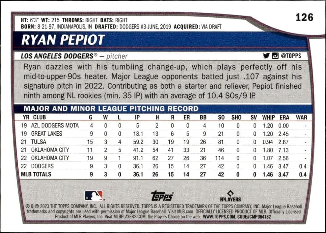 2023 Topps Big League Ryan Pepiot #126 baseball trading card back