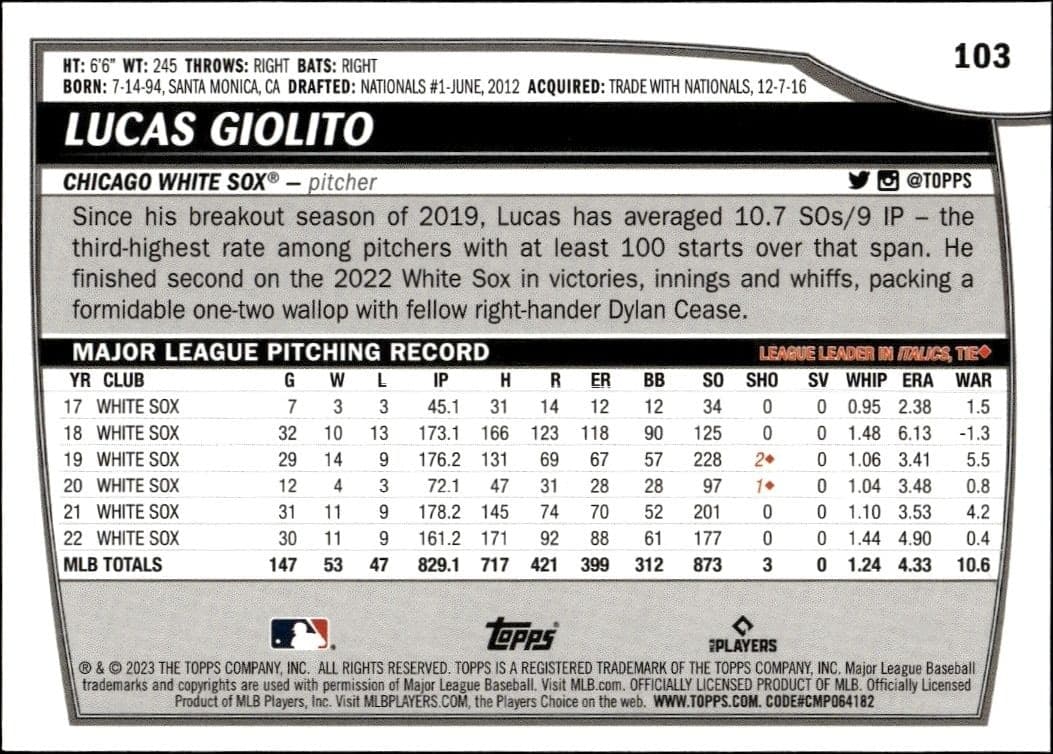 2023 Topps Big League Lucas Giolito #103 baseball trading card back