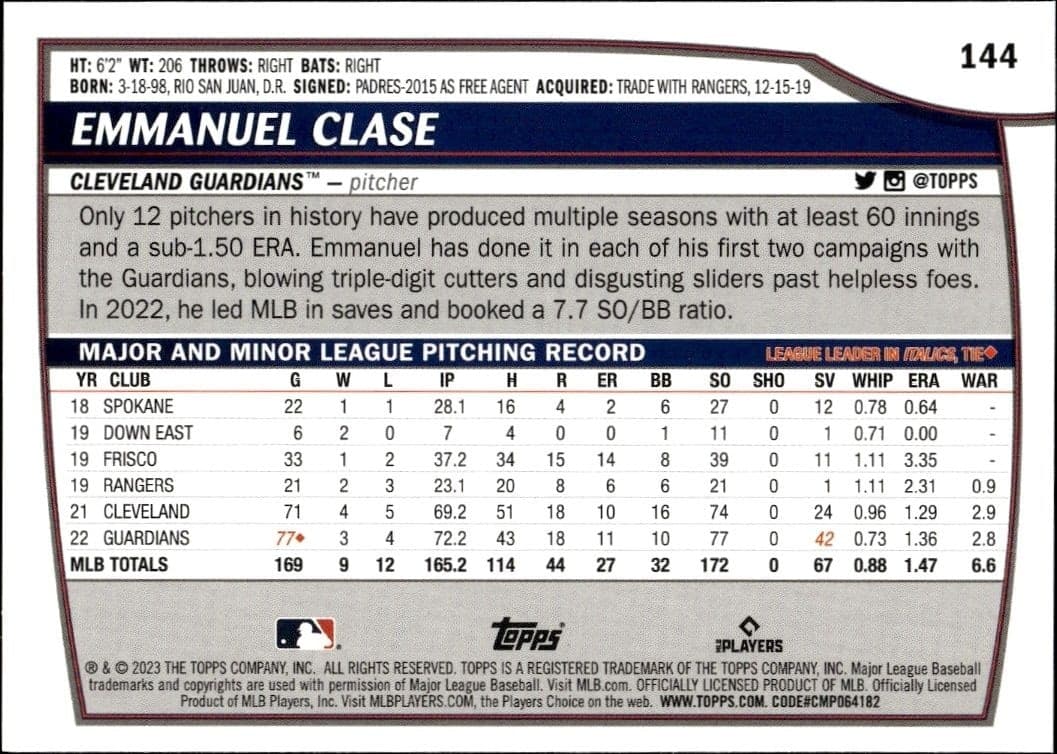 2023 Topps Big League Emmanuel Clase #144 baseball trading card back