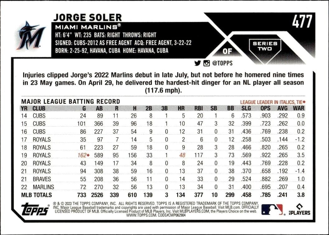 2023 Topps Series 2 Jorge Soler #477 baseball trading card back
