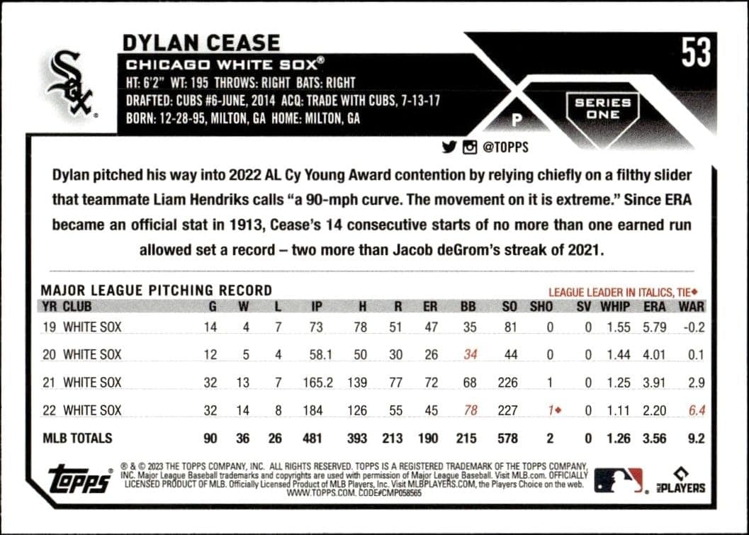 2023 Topps Dylan Cease #53 baseball trading card back