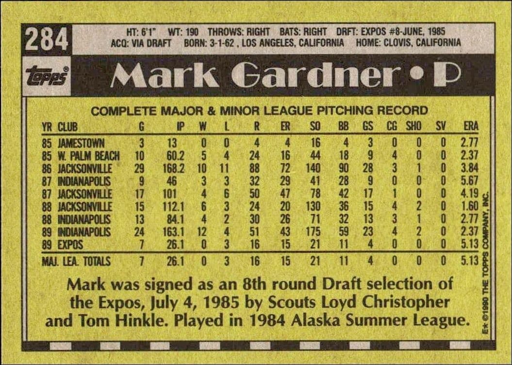 1990 Topps Mark Gardner #284 baseball trading card back