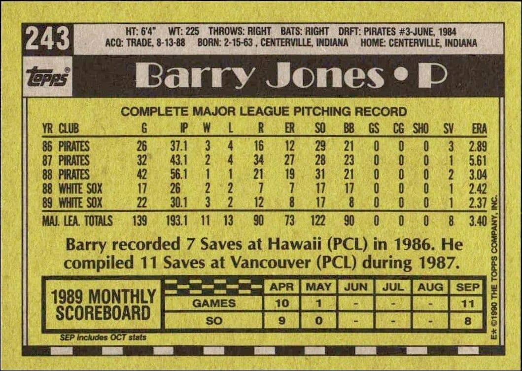 1990 Topps Barry Jones #243 baseball trading card back