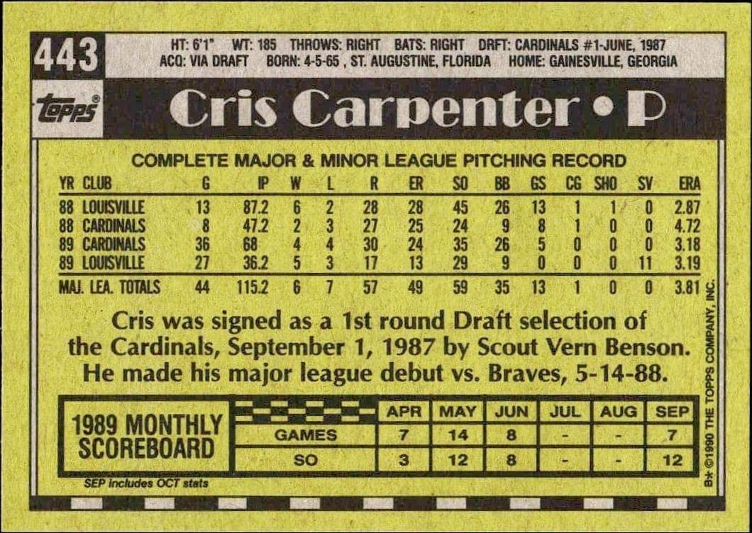 1990 Topps Cris Carpenter #443 baseball trading card back