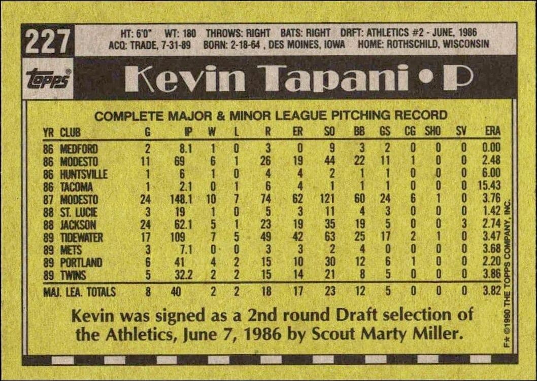 1990 Topps Kevin Tapani #227 baseball trading card back