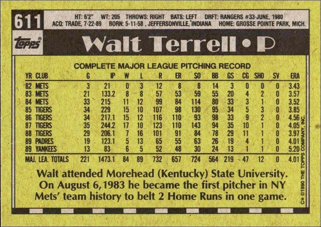 1990 Topps Walt Terrell #611 baseball trading card back