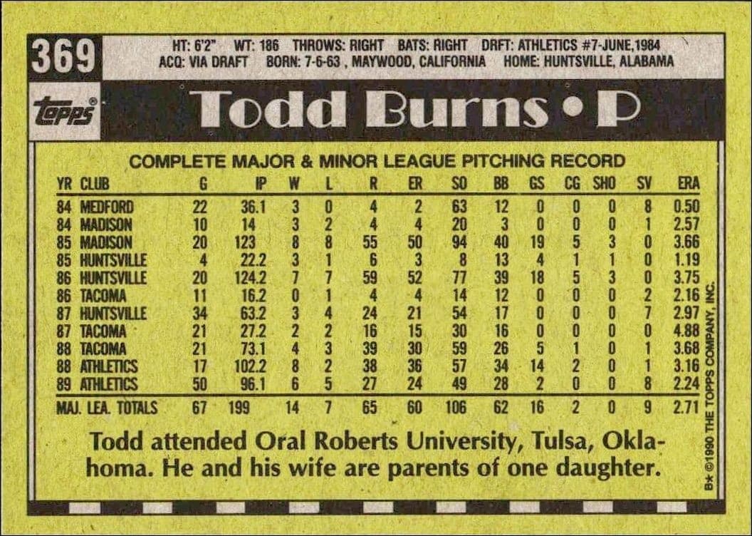 1990 Topps Todd Burns #369 baseball trading card back