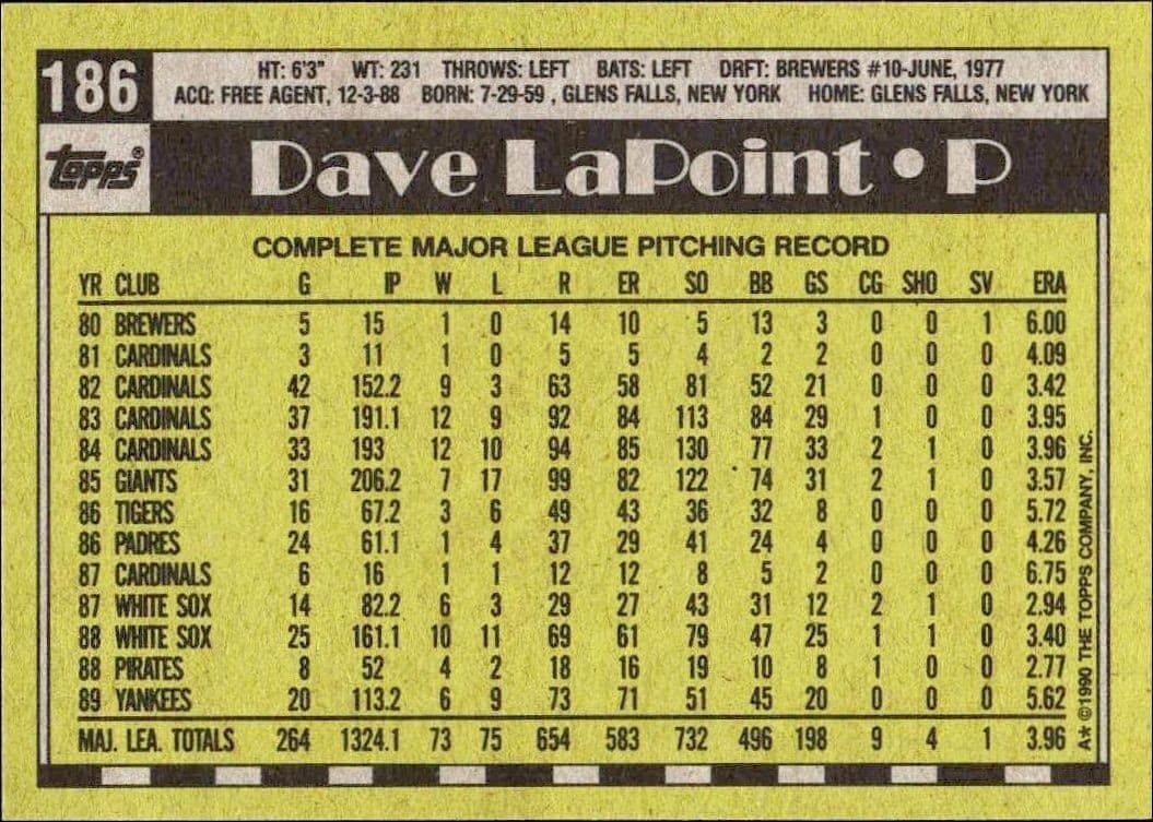 1990 Topps Dave LaPoint #186 baseball trading card back