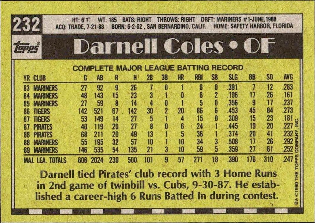 1990 Topps Darnell Coles #232 baseball trading card back