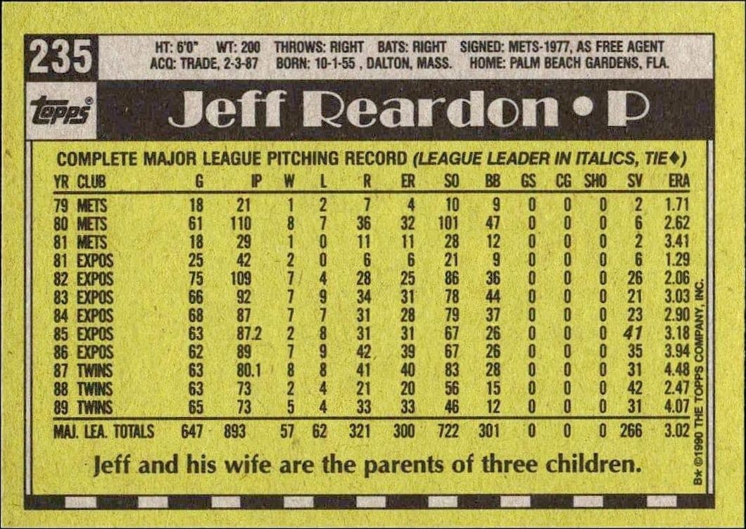1990 Topps Jeff Reardon #235 baseball trading card back