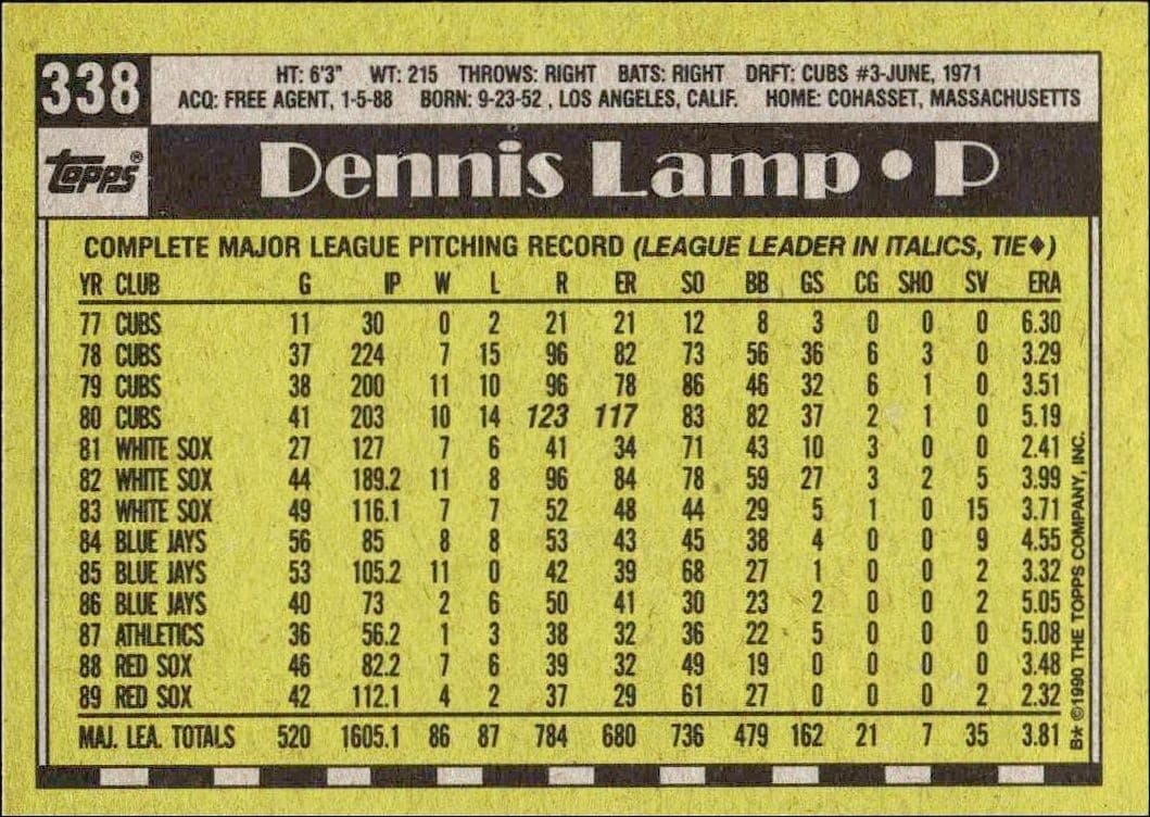 1990 Topps Dennis Lamp #338 baseball trading card back