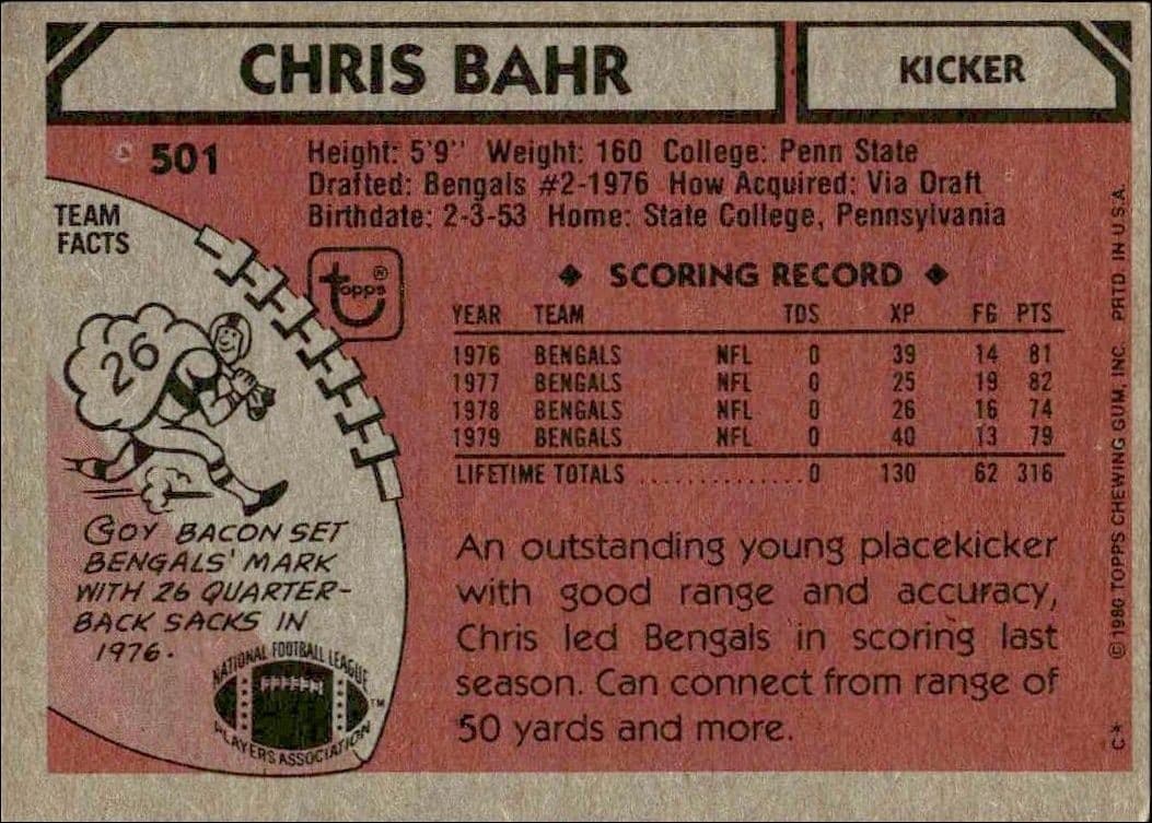 1980 Topps Chris Bahr #501 football trading card back