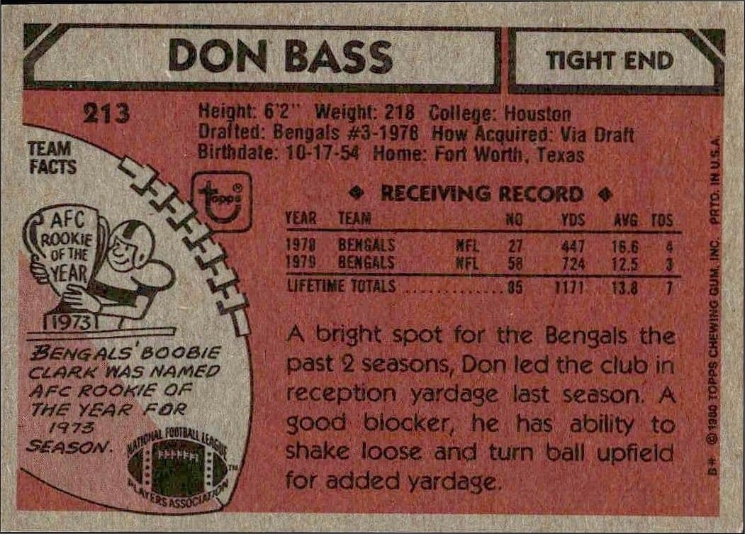 1980 Topps Don Bass #213 football trading card back