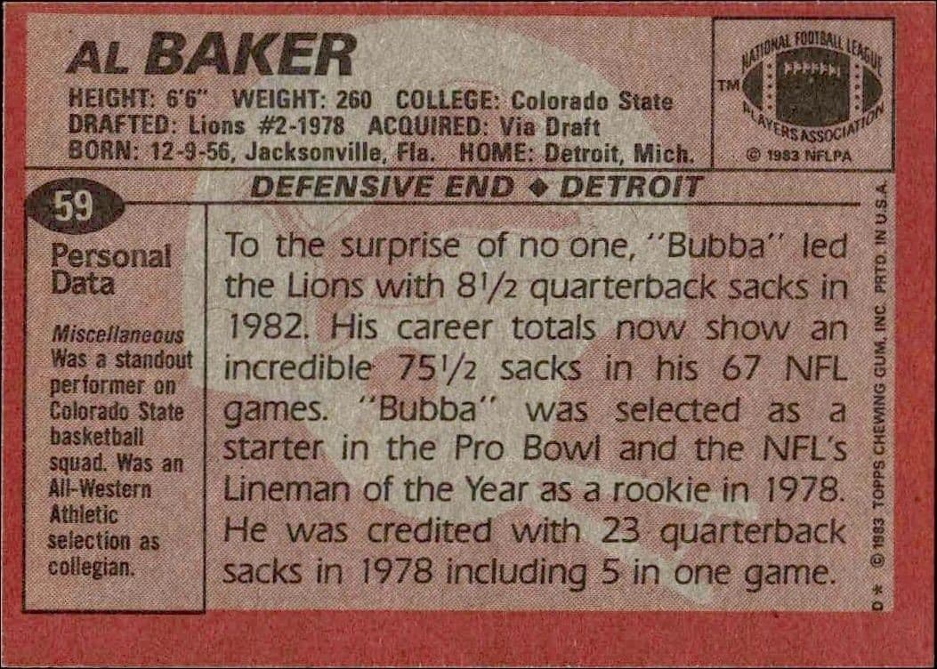 1983 Topps Al Baker #59 football trading card back
