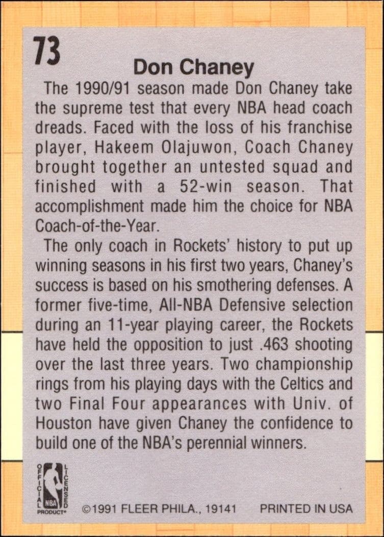 1991-92 Fleer Don Chaney #73 basketball trading card back