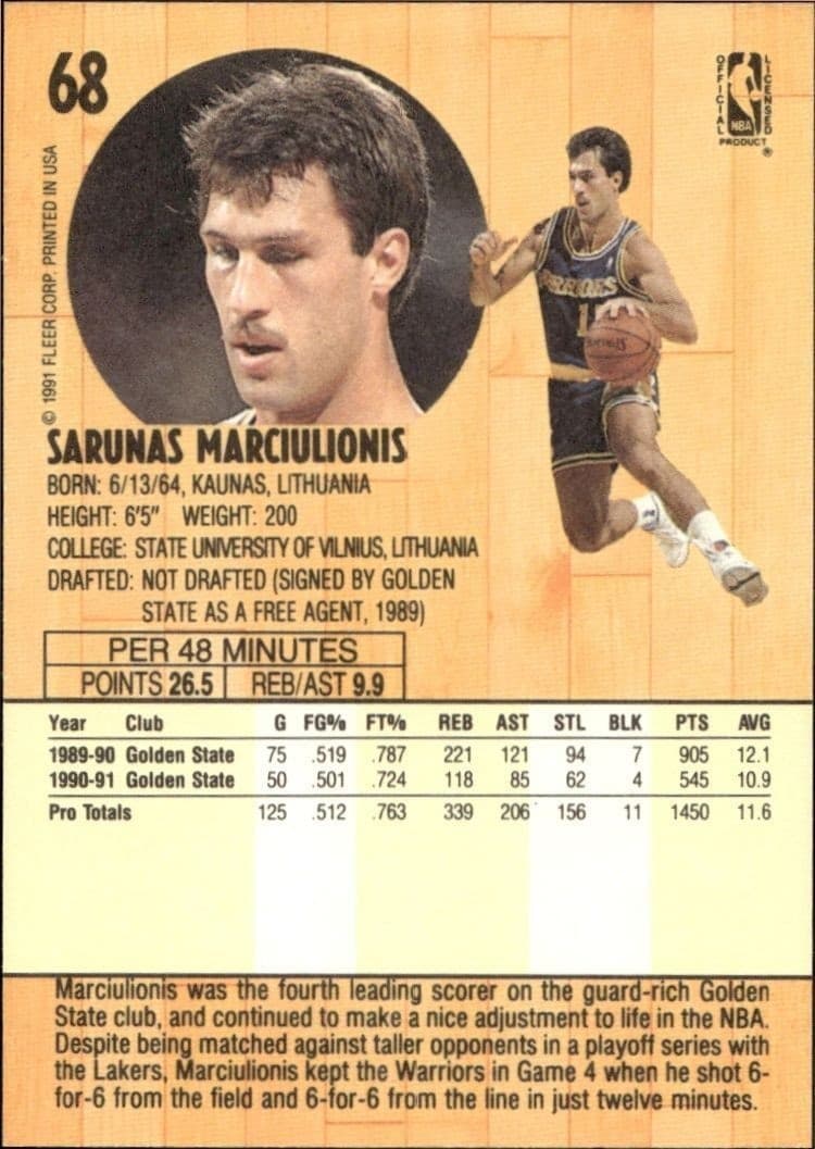 1991-92 Fleer Sarunas Marciulionis #68 basketball trading card back