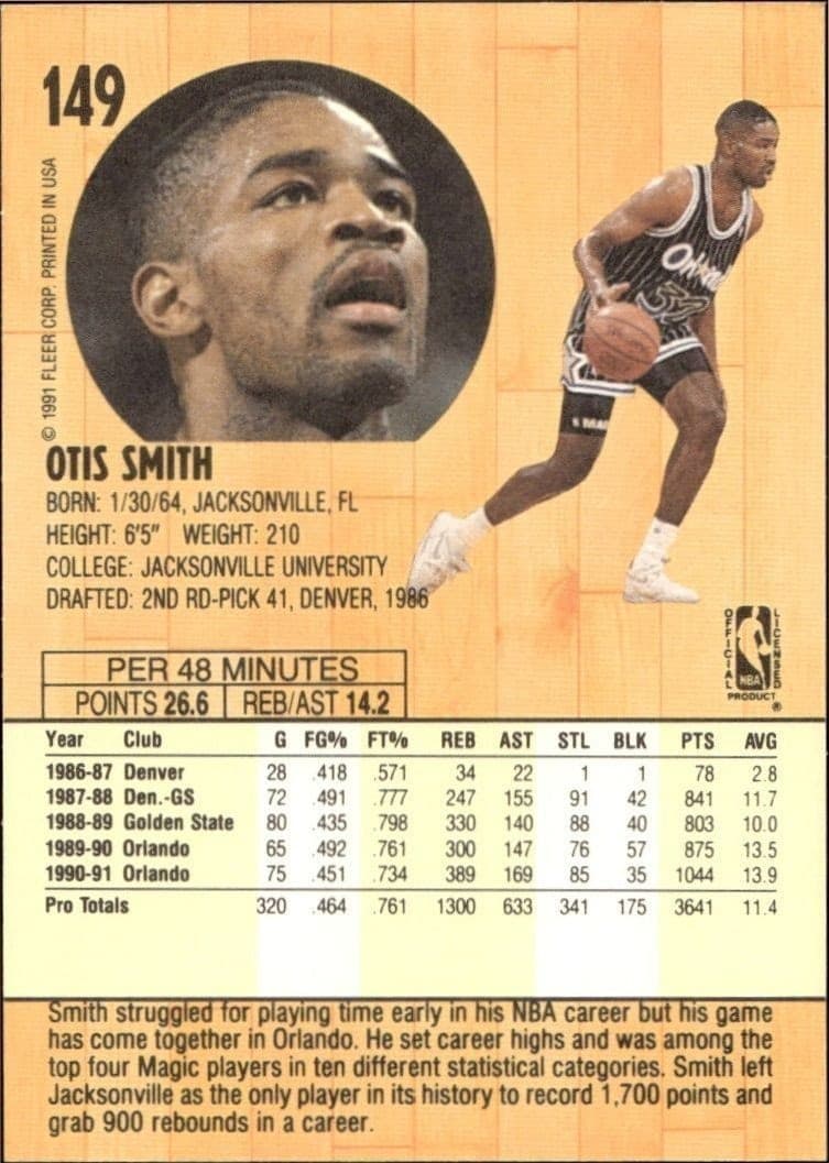 1991-92 Fleer Otis Smith #149 basketball trading card back