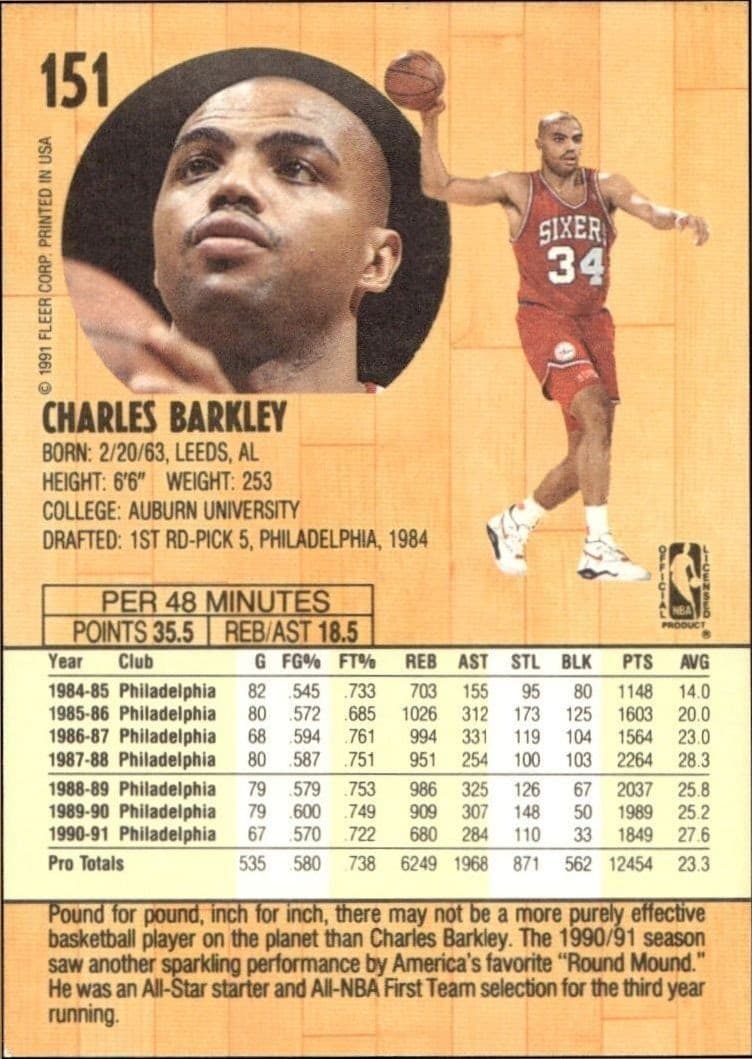1991-92 Fleer Charles Barkley #151 basketball trading card back