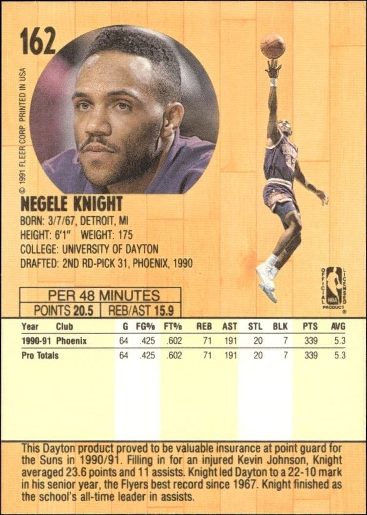 1991-92 Fleer Negele Knight #162 basketball trading card back