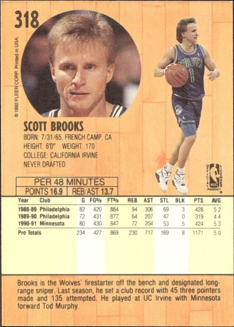 1991-92 Fleer Scott Brooks #318 basketball trading card back