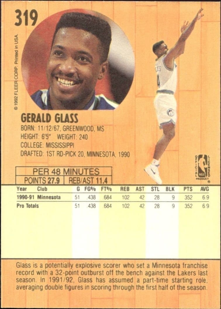 1991-92 Fleer Gerald Glass #319 basketball trading card back