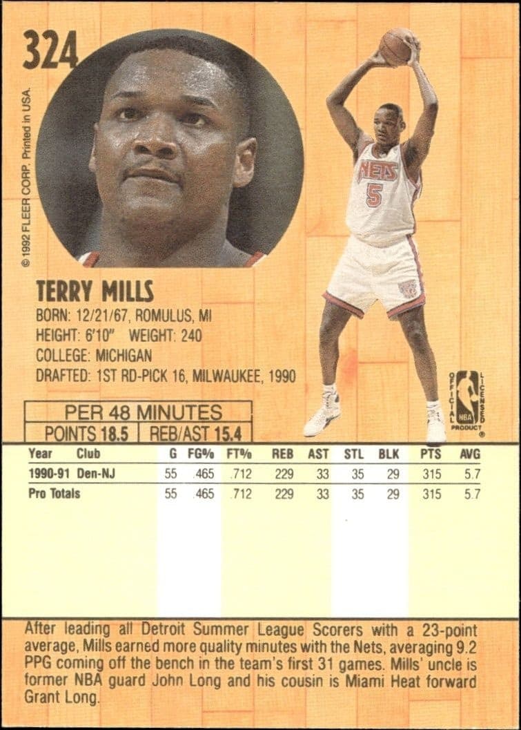 1991-92 Fleer Terry Mills #324 basketball trading card back