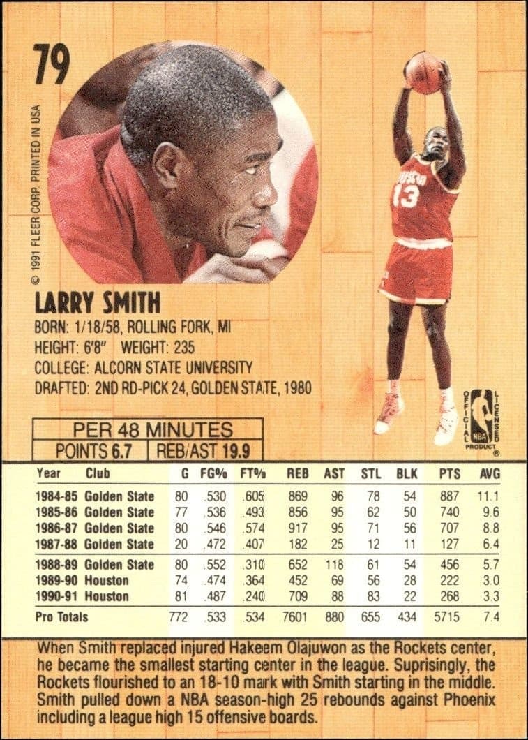 1991-92 Fleer Larry Smith #79 basketball trading card back