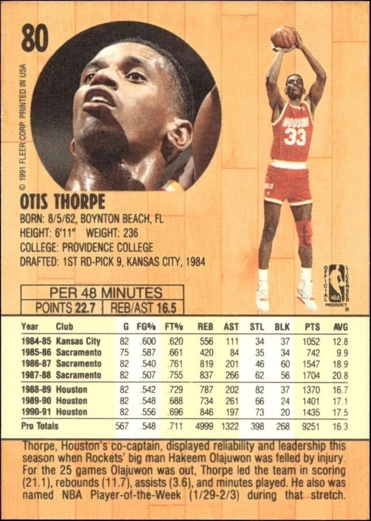 1991-92 Fleer Otis Thorpe #80 basketball trading card back