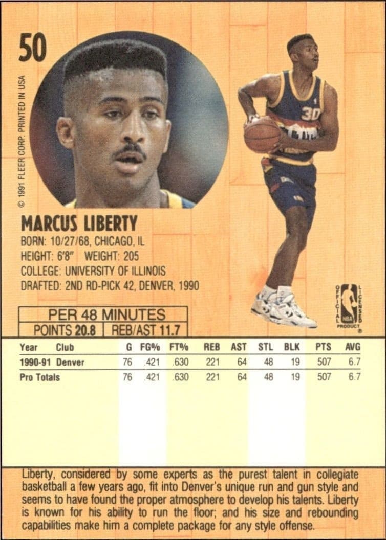1991-92 Fleer Marcus Liberty #50 basketball trading card back