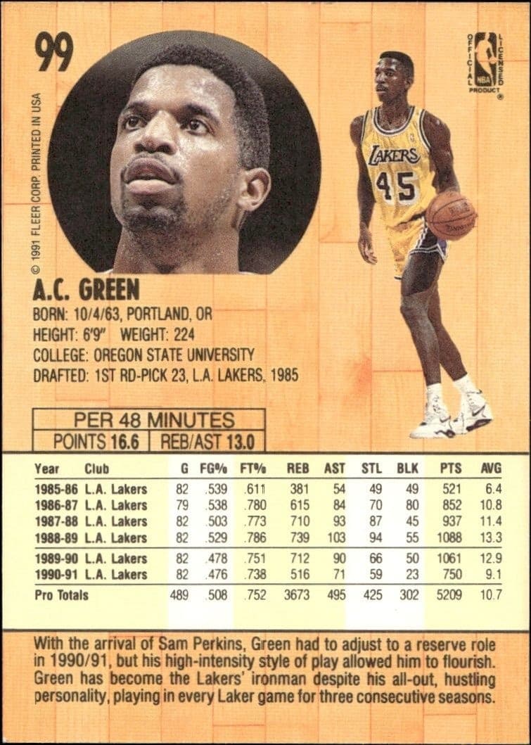 1991-92 Fleer A.C. Green #99 basketball trading card back