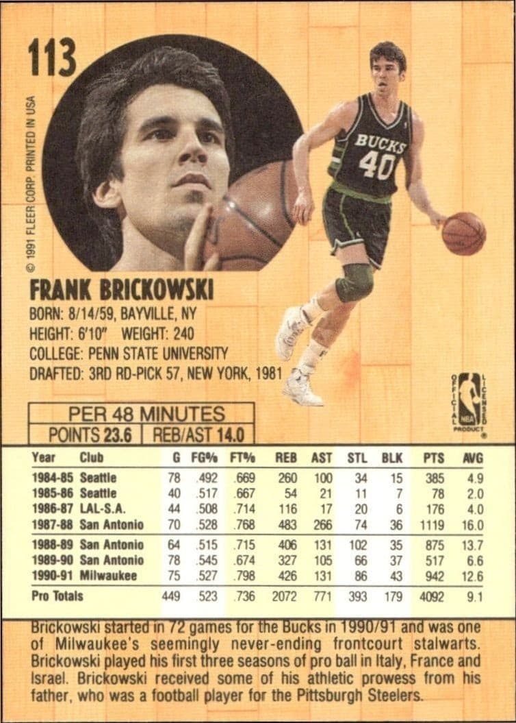1991-92 Fleer Frank Brickowski #113 basketball trading card back