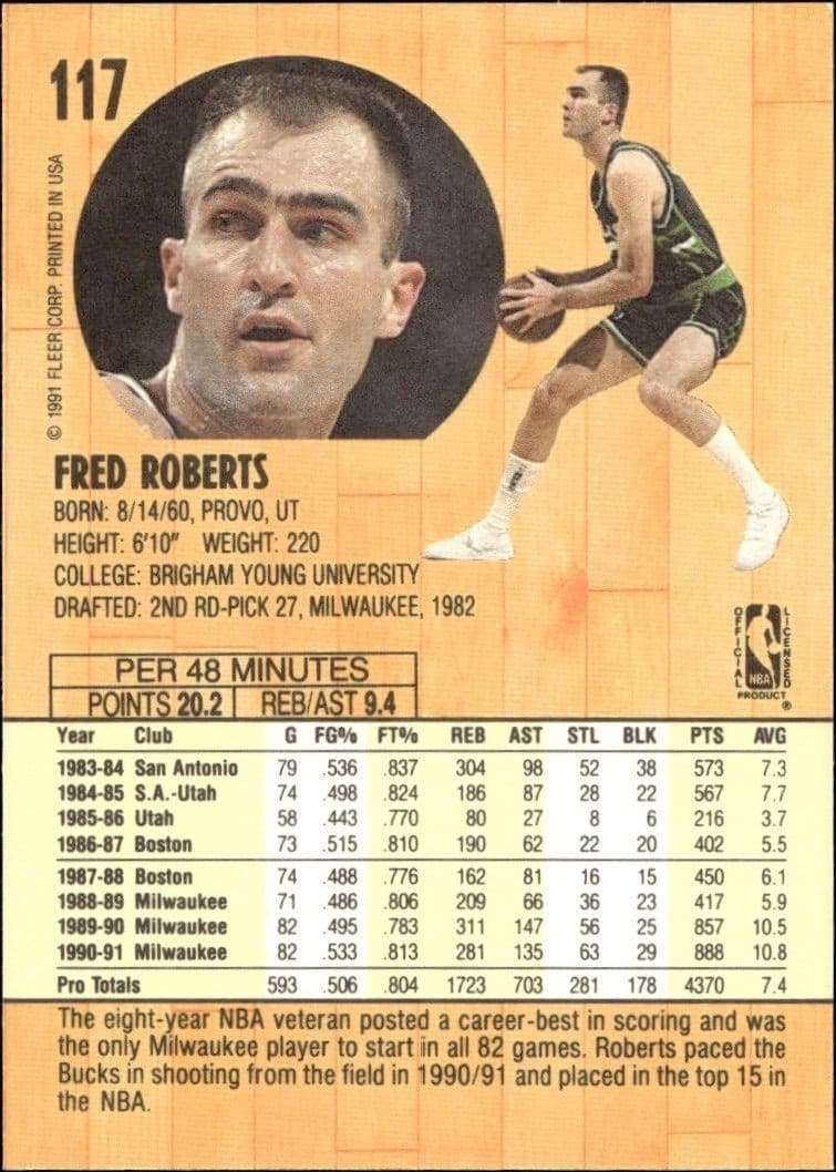 1991-92 Fleer Fred Roberts #117 basketball trading card back
