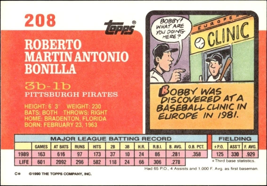 1990 Topps Big Bobby Bonilla #208 baseball trading card back
