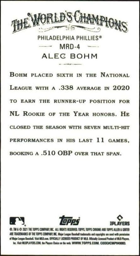 2021 Topps Allen & Ginter Chrome Alec Bohm #MRD-4 baseball trading card back