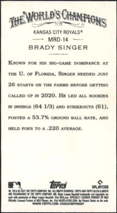 2021 Topps Allen & Ginter Brady Singer #MRD-14 baseball trading card back