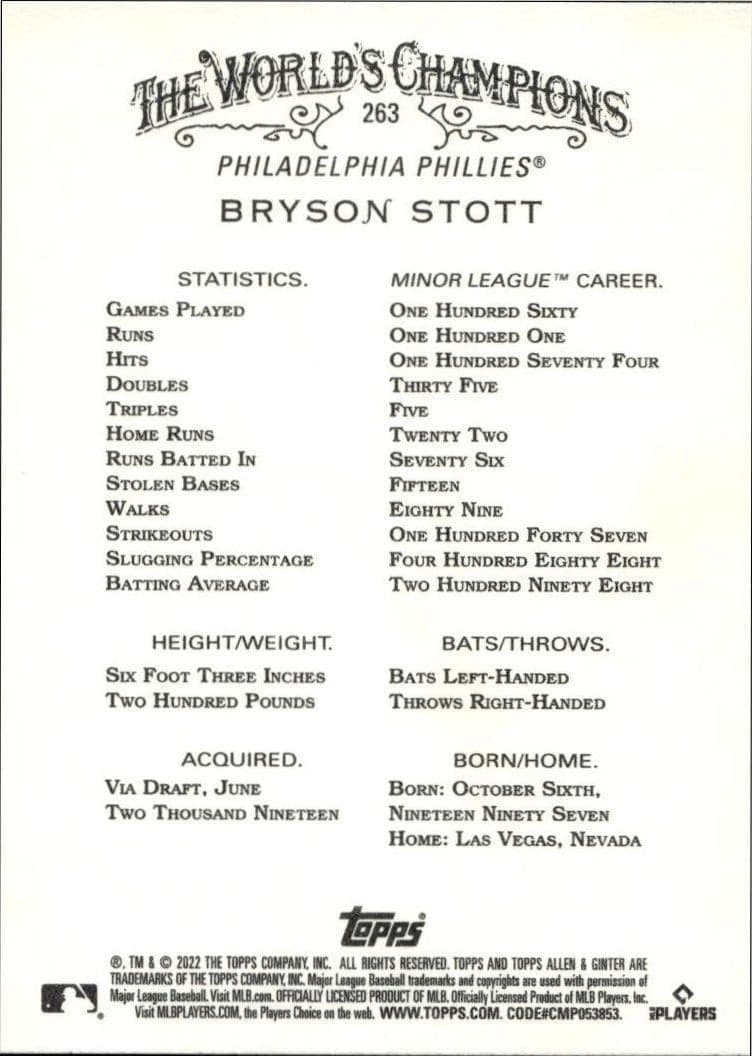 2022 Topps Allen & Ginter Bryson Stott #263 baseball trading card back