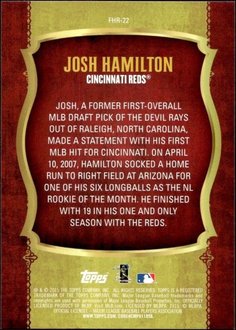 2015 Topps Josh Hamilton #FHR-22 baseball trading card back