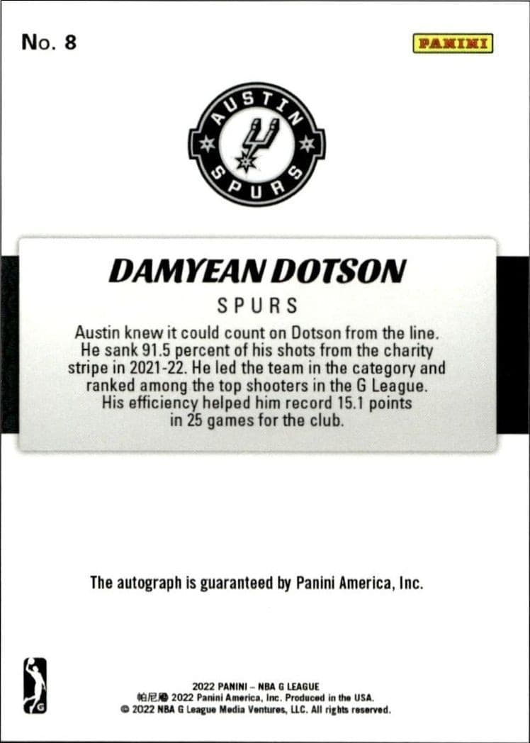 2022-23 Panini NBA G League Damyean Dotson #8 basketball trading card back