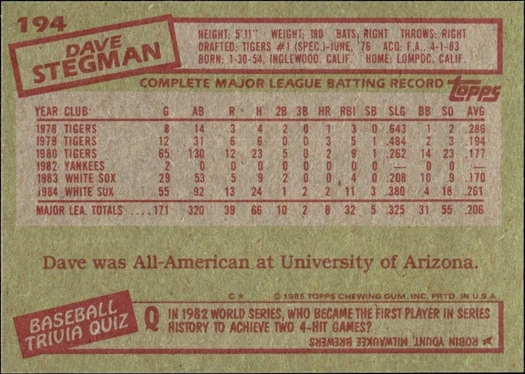 1985 Topps Dave Stegman #194 baseball trading card back